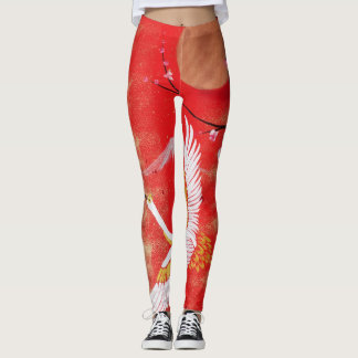 Sol de grulla japonesa sakura rojo Leggings