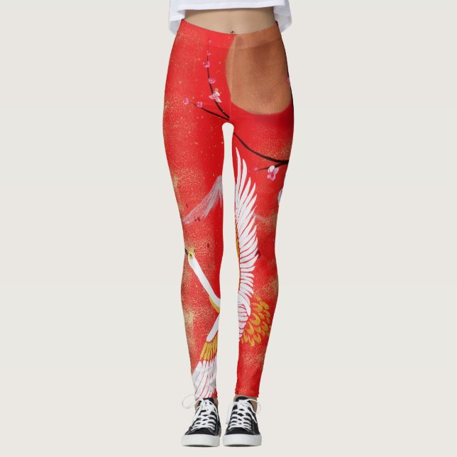 Sol de grulla japonesa sakura rojo Leggings (Anverso)