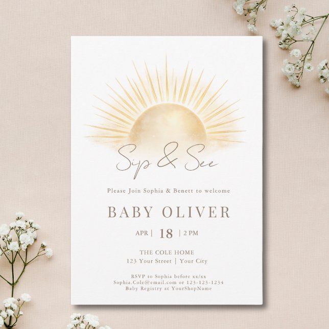 Sol de Oro y Blanco Invitación de Bebé de Género N (Subido por el creador)