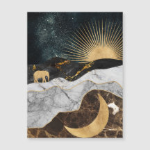 Sol dorado y luna con elefante en cósmico de mármo