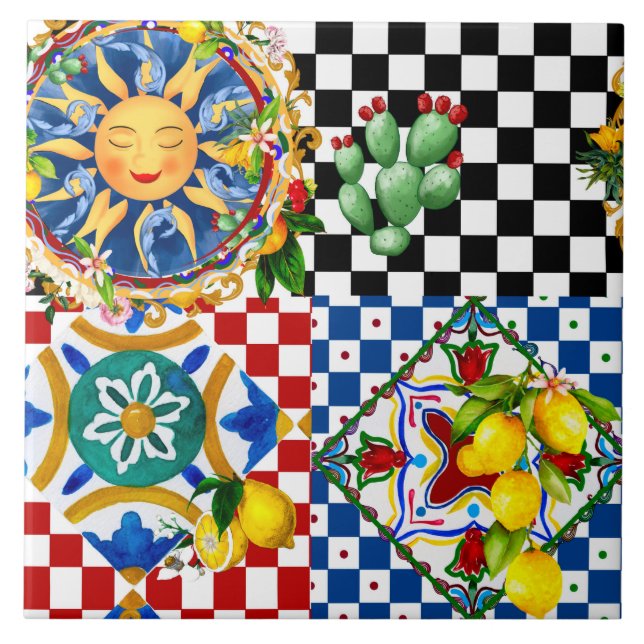 Sol siciliano, limón, azulejos mediterráneos, (Frente)
