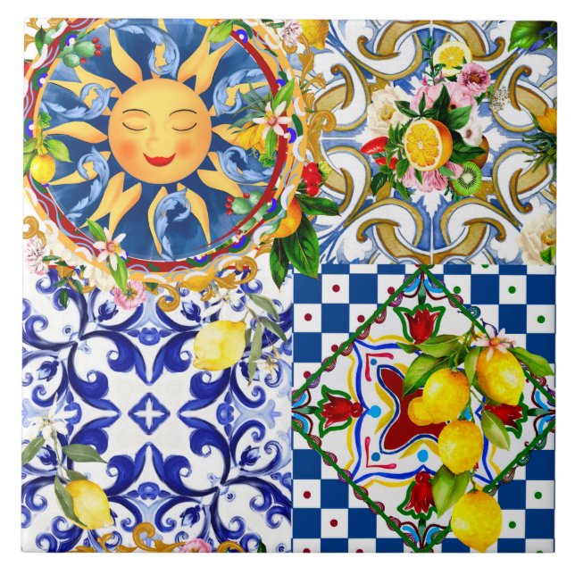 Sol siciliano, limón, azulejos mediterráneos, (Frente)