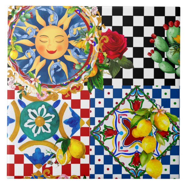 Sol siciliano, limón, azulejos mediterráneos, (Frente)