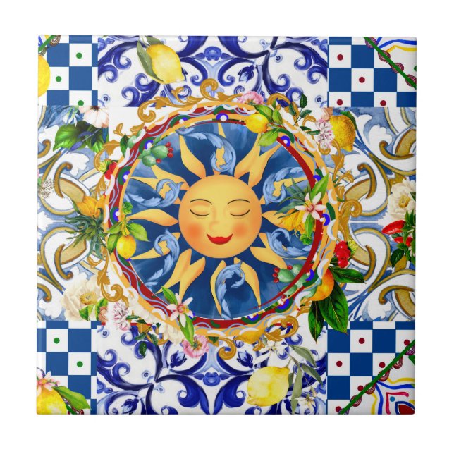 Sol siciliano, limón, azulejos mediterráneos, (Frente)