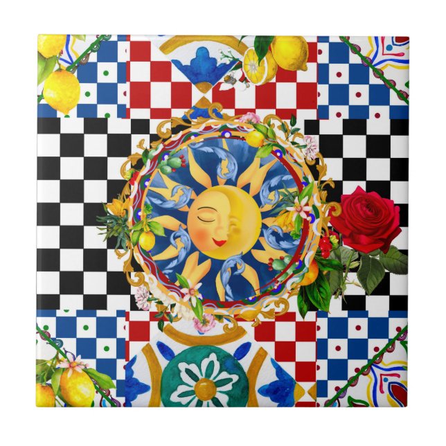 Sol siciliano, limón, azulejos mediterráneos, (Frente)