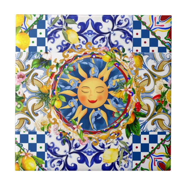 Sol siciliano, limón, azulejos mediterráneos, (Frente)