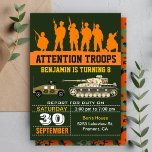 Soldados del Ejército Invitación a Camo por Cumple<br><div class="desc">Invite a sus huéspedes con esta fresca invitación a la fiesta de cumpleaños con un naranja de silueta de soldados y vehículos del ejército con tipografía moderna en un entorno verde. Simplemente agregue los detalles de su evento en esta plantilla fácil de usar para convertirla en una invitación única. Voltea...</div>