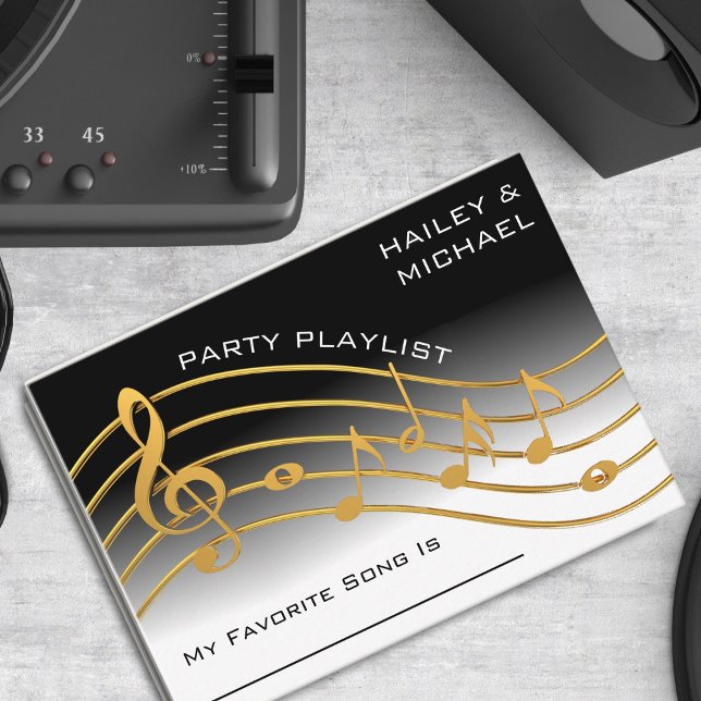Solicitud de canción Boda de la escala de notas de (black and white ombre party / wedding song request card with gold music scale)