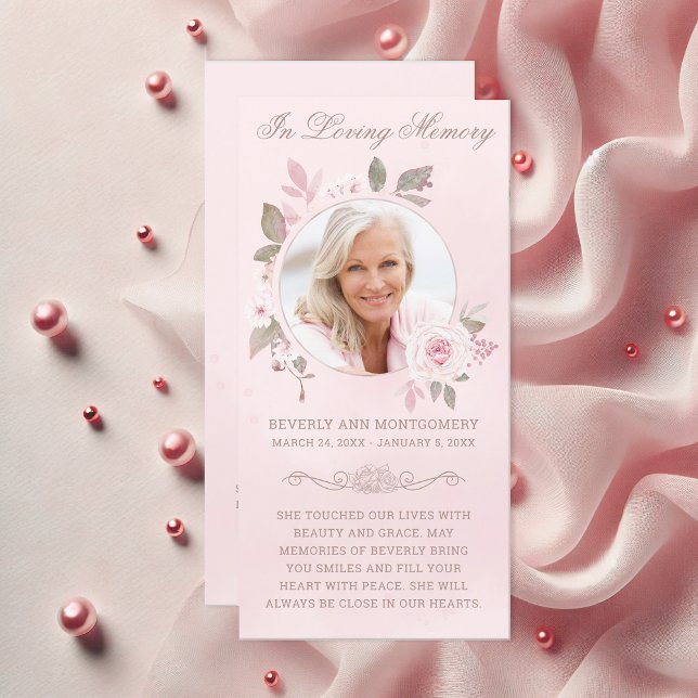 Solidaridad Rosa Rubor Floral Photo Funeral Prayer (Elegant In Loving Memory Pink Rose Watercolor Floral Photo Funeral Card)