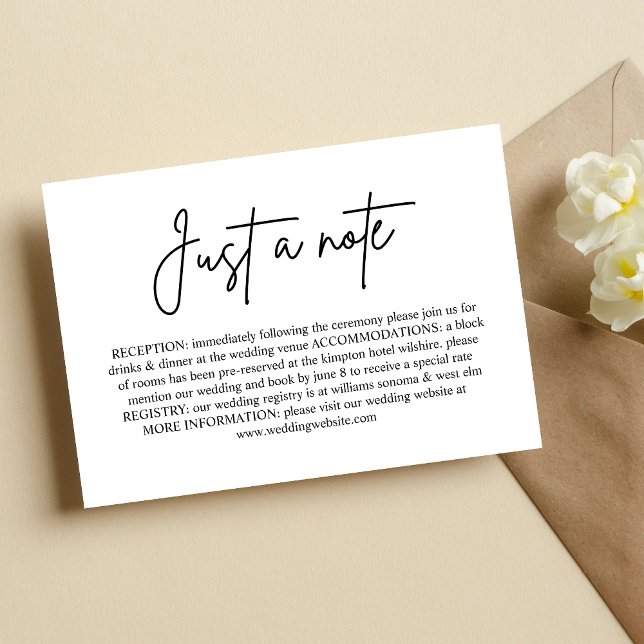 Solo una nota Tarjeta de detalles mínimos de boda  (Minimal enclosure card shares wedding details with a simple, elegant “just a note” touch.)