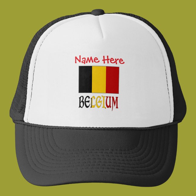 Sombrero camionero personalizado de bandera belga  (Trucker hat with Belgian flag and the word BELGIUM in flag colors. Add name above.)