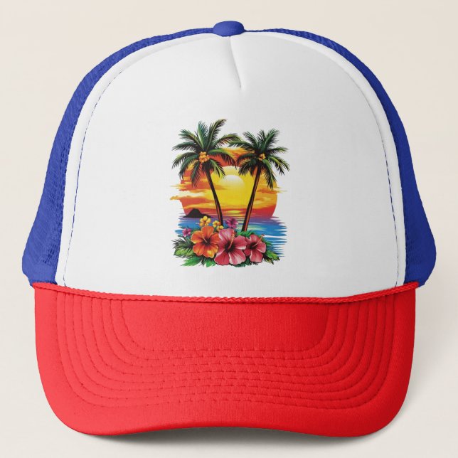 Sombrero de Camión Tropical Sunset - Palmeras e Hi (Anverso)
