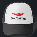 sombrero de chile picante picante picante personal<br><div class="desc">sombrero de camionero de pimienta picante y picante personalizado. Diseño de comida picante con plantilla de tipografía vintage. Añade tu propio nombre,  monograma o cita graciosa / dicho. Una idea de regalo personalizada para hombres y mujeres. Gorra blanca y negra. Diversión para el concurso de comida picante.</div>
