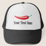 sombrero de chile picante picante picante personal<br><div class="desc">sombrero de camionero de pimienta picante y picante personalizado. Diseño de comida picante con plantilla de tipografía vintage. Añade tu propio nombre,  monograma o cita graciosa / dicho. Una idea de regalo personalizada para hombres y mujeres. Gorra blanca y negra. Diversión para el concurso de comida picante.</div>