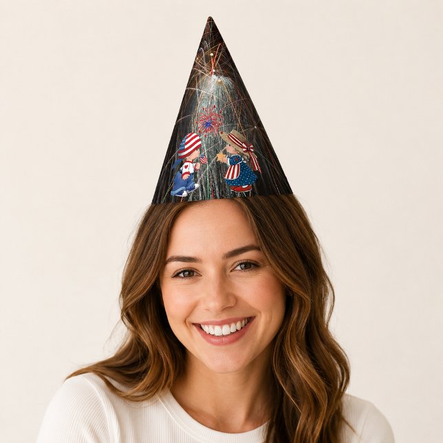 Sombrero de fiesta de fuegos artificiales de cumpl (Vintage Happy Birthday America Fireworks Party Hat)
