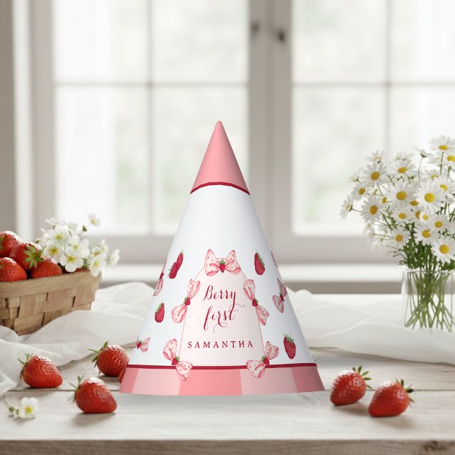 Sombrero de fiesta de primer cumpleaños de bayas c (Berry First Birthday Red Gingham Bows Party Hat)