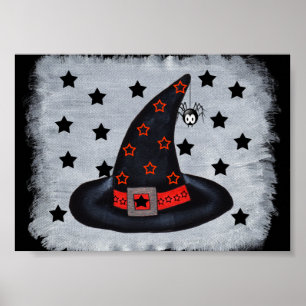Sombrero Negro de Bruja con Estrellas y Póster de