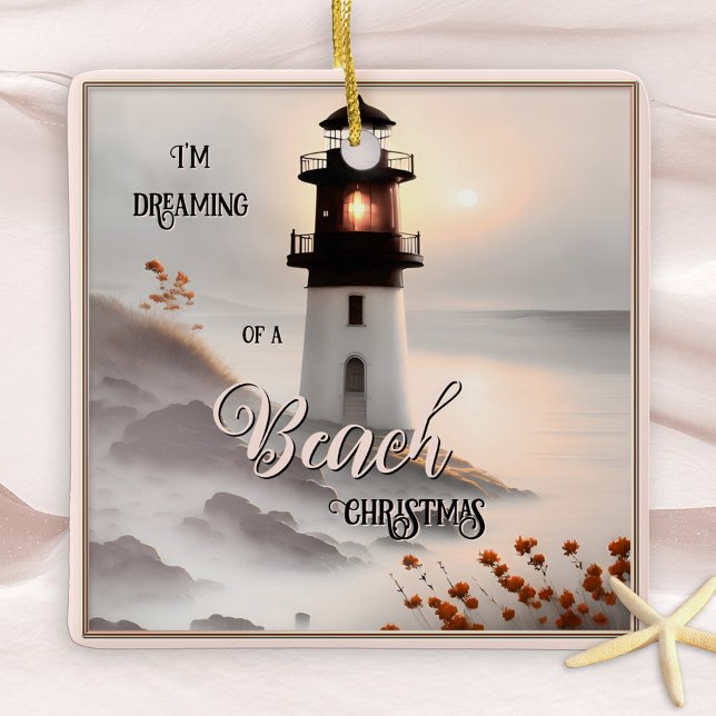 Soñando con un adorno navideño en la playa (Dreamy pink Christmas ornament featuring a painting of a lighthouse on the beach)