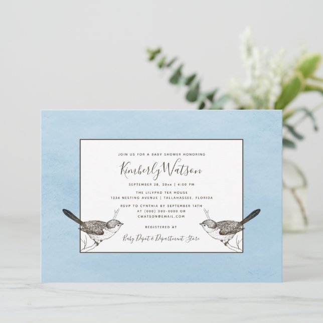 Songbird Pair Baby Shower | Invitación azul (Anverso de pie)