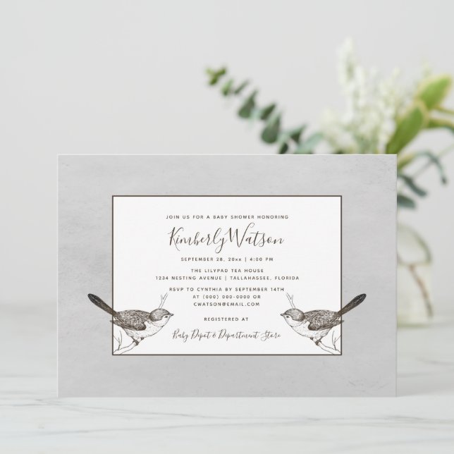Songbird Pair Baby Shower | Invitación gris (Anverso de pie)
