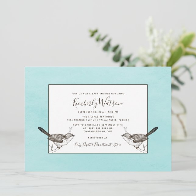 Songbird Pair Baby Shower | Invitación Verde azula (Anverso de pie)