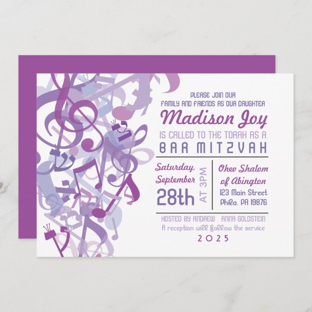 SONIDOS DE LA Invitación A Mitzvah Bat Púrpura DE  (Anverso / Reverso)