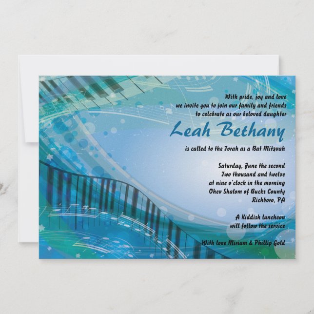 SONIDOS del PIANO Bat Bar Mitzvah Invitación (Anverso)