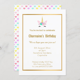 SONRIENDO UNICORN RAINBOW HEART GOLD 2 INVITACIÓN