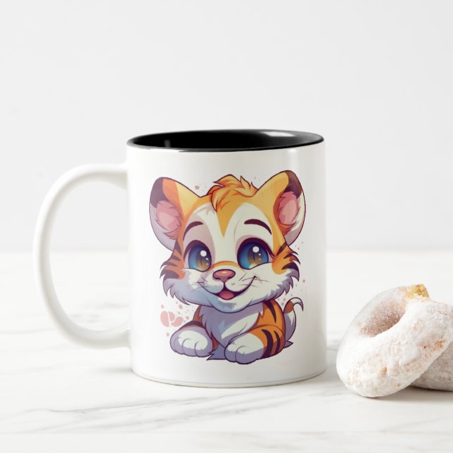 Sonriente lindo leopardo bebé en una taza de café (Con donut)