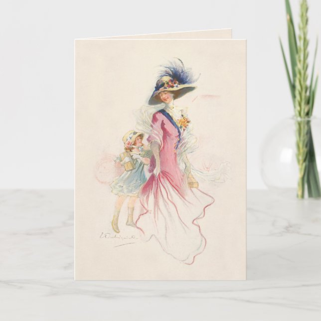 Sonriente tarjeta de vacaciones para madres e hija (Anverso)