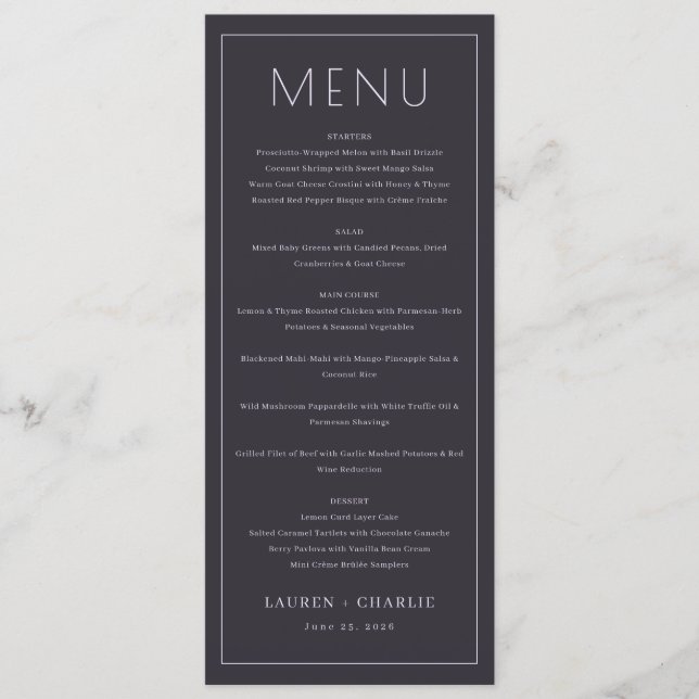 Sophisticated Charcoal Formal Menu (Anverso)