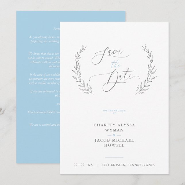 Sophisticated Classic Botanical Blue Grey Wedding (Anverso / Reverso)