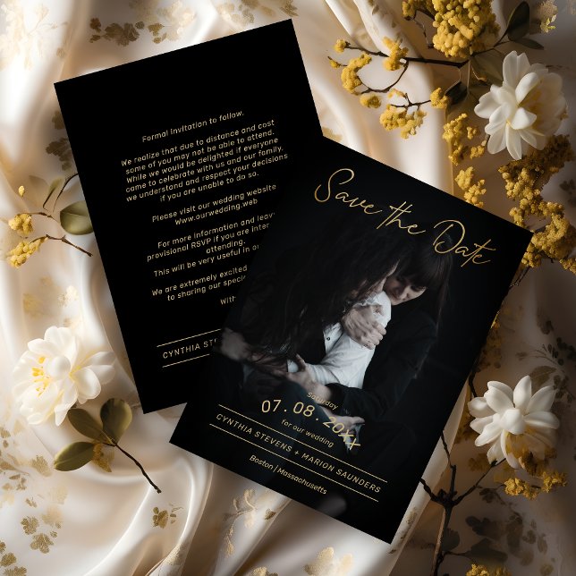 Sophisticated Golden Script Photo LGTB Wedding (he Sophisticated Black & Golden Script Photo Couple Wedding Save the Date card.)