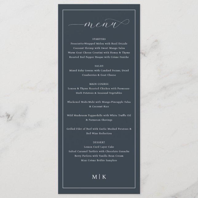 Sophisticated Navy Blue Elegant Wedding Menu (Anverso)