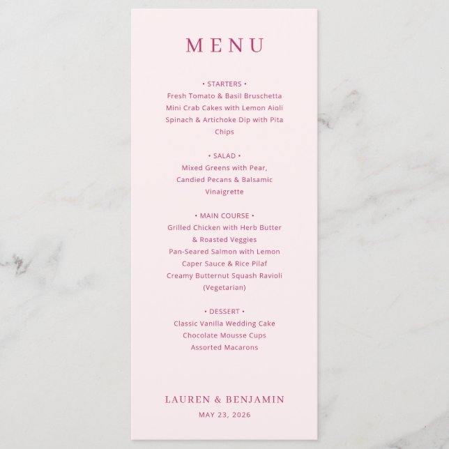 Sophisticated Pink Serif Wedding Menu (Anverso)