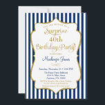 Sorprende fiesta de invitación Navy Blue Gold Eleg<br><div class="desc">Una elegante invitación sorpresa de cumpleaños en azul marino y oro, con franjas azul marino y blanco y marco de texto purpurina oro. El marco de texto purpurina de esta elegante y clásica fiesta de cumpleaños invita a mostrar una sombra para dar una apariencia elevada. Esta invitación de fiesta sorpresa...</div>