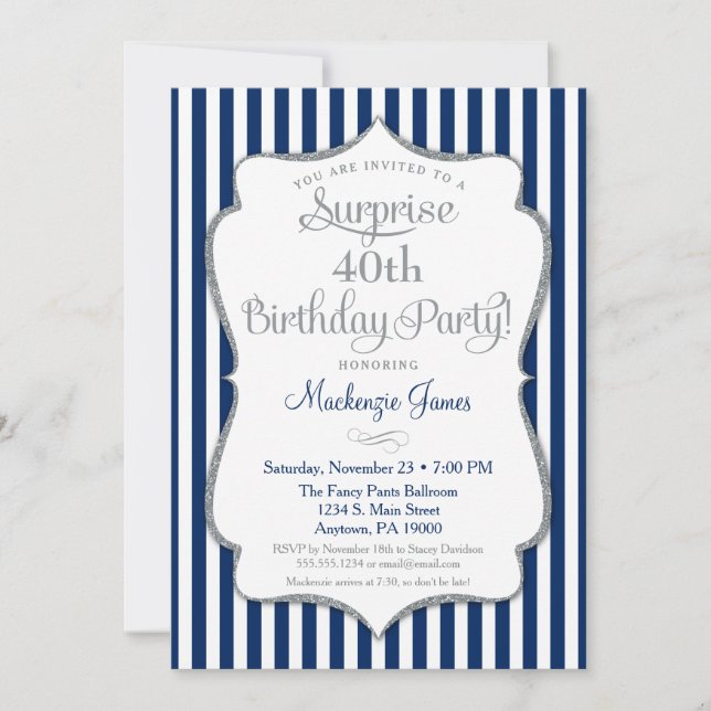 Sorprende fiesta de invitación Navy Blue Silver El (Anverso)