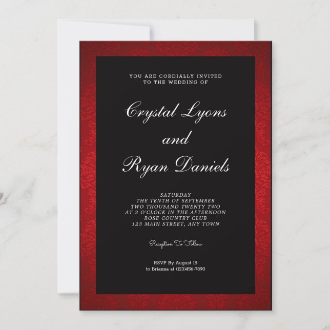 Sorprendente invitación a la boda roja y negra ret (Anverso)