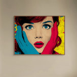 Sorprendida mujer en arte pop<br><div class="desc">Una mujer de cabello rojo y ojos azules vibrantes cubre su cara con las manos amantadas. El fondo es luminoso con influencias de arte pop.</div>