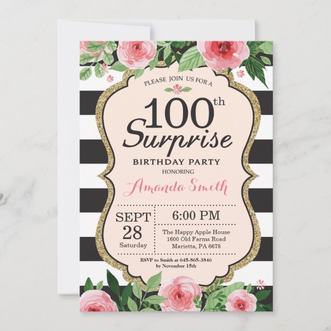 Sorpresa 100.ª Invitación de cumpleaños mujeres Fl (Anverso)