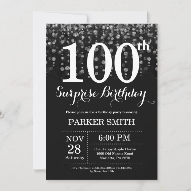 Sorpresa 100.º Purpurina de Plata de Invitación de (Anverso)