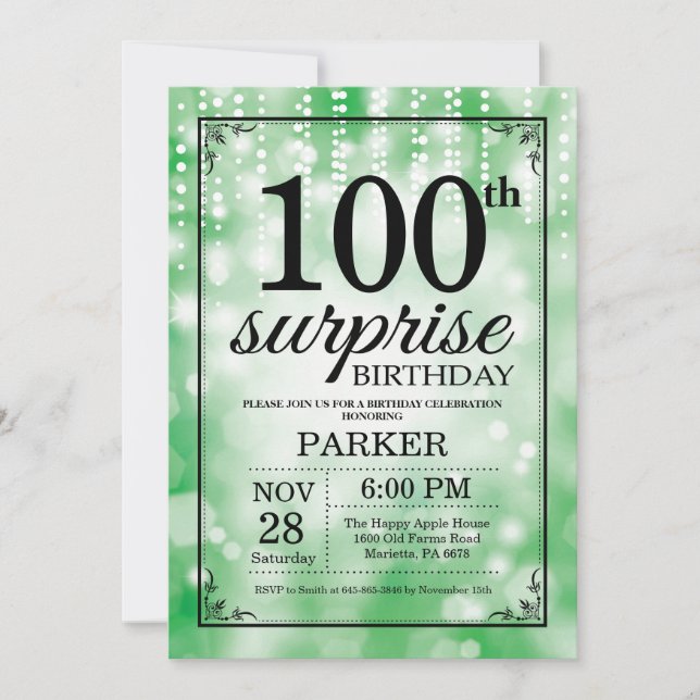 Sorpresa 100.º Purpurina Verde de la invitación a  (Anverso)