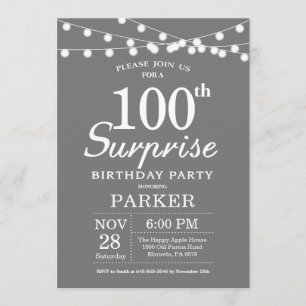 Sorpresa 100 cumpleaños invitación gris y blanco