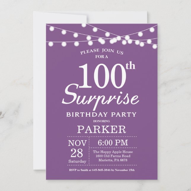 Sorpresa 100 cumpleaños Invitación Lavanda púrpura (Anverso)