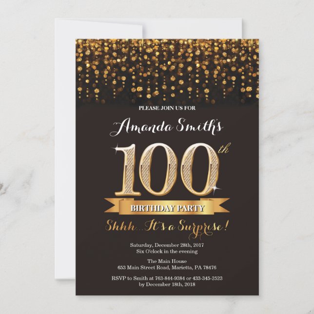 Sorpresa 100 cumpleaños invitación negro y oro (Anverso)