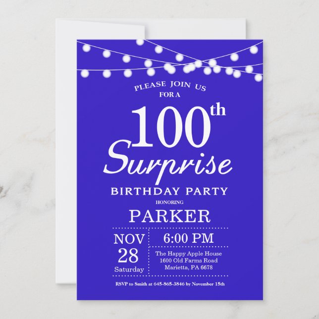 Sorpresa 100 cumpleaños invitación Royal Blue (Anverso)