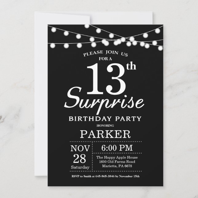 Sorpresa 13.ª invitación de cumpleaños blanco y ne (Anverso)