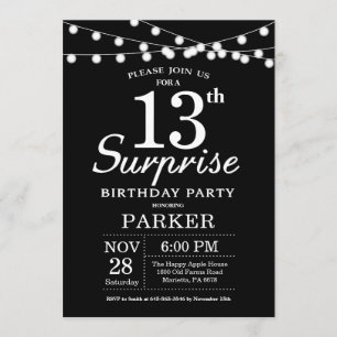 Sorpresa 13.ª invitación de cumpleaños blanco y ne