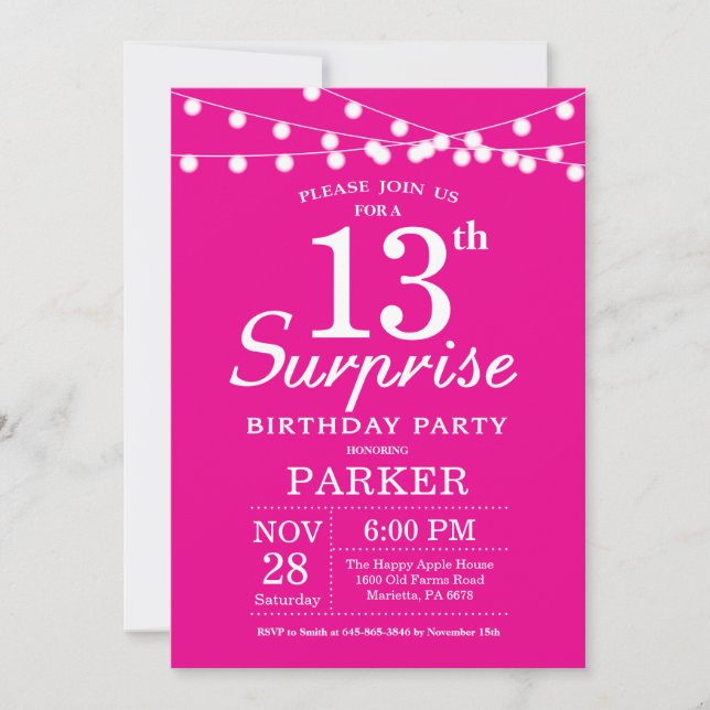 Sorpresa 13.ª invitación de cumpleaños Rosado cali (Anverso)