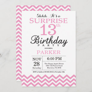 Sorpresa 13 cumpleaños invitación Chevron rosa